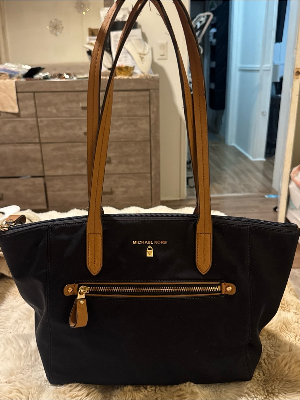 Michael Kors Black Tote with Tan Leather Handles and Gold Hardware
